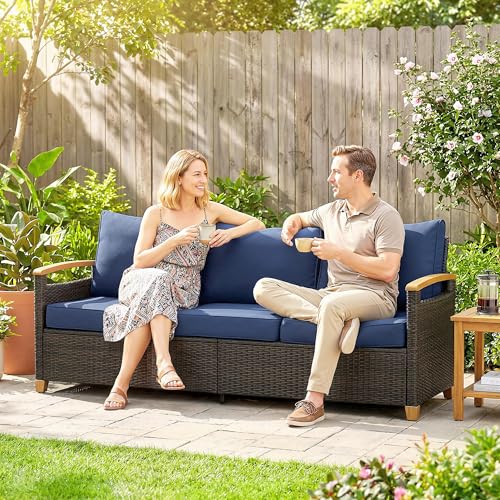 Outsunny 3 Seater Outdoor Couch Sofa, PE Wicker Patio Couch with Wide Deep Seating, 4" Foam Cushions, Wood-Effect Armrests and Legs, Patio Sofa Furniture for Garden, Backyard, Porch, Dark Blue
