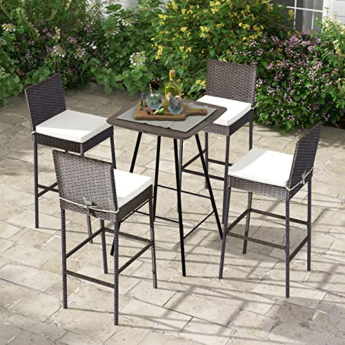 COSTWAY Outdoor Wicker Bar Stools Set of 4, 30'' Patio Bar Height Chairs with Cushion, Footrest and Backrest, Rattan Barstools for Backyard Poolside Deck (Brown)