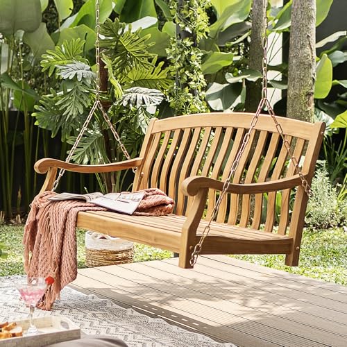 Cambridge Casual Arie Porch Swing – Solid Indonesian Teak Outdoor Hanging Swing Bench with Natural Weather-Resistant Finish – Comfortable 2-Seater Swing for Porch, Patio, Garden, or Backyard