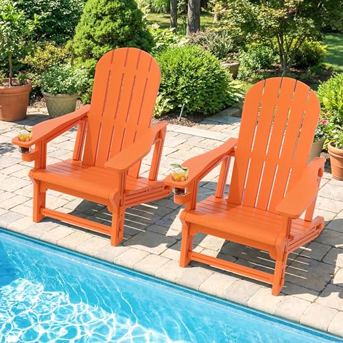 Shintenchi Adirondack Chairs Set of 2,HDPE Adirondack Chairs w/Removable Tablelop & Umbrella Hole,All-Weather Wooden Textured Plastic Outdoor Chairs w/Cup Holders for Garden Backyard Pool,Orange