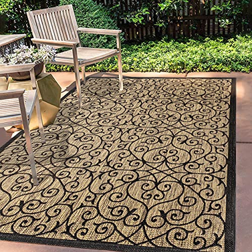 JONATHAN Y Vintage Filigree Indoor Outdoor Area Rug 8X10 Black/Khaki, Madrid Textured Weave for Backyard, Patio, Porch, Easy-Cleaning, High Traffic, Pet-Friendly, Non-Shedding (SMB107A-8)