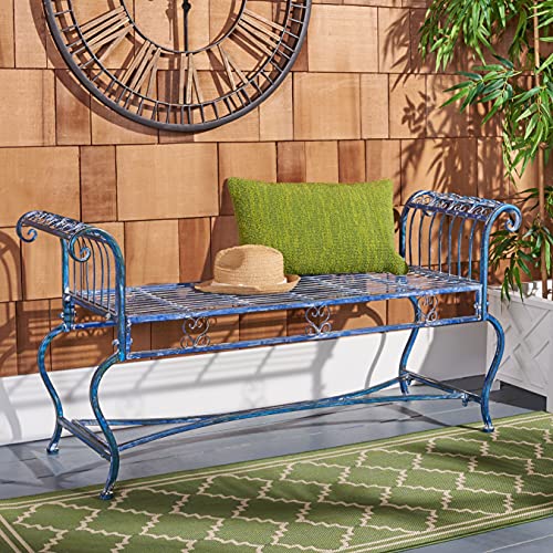 SAFAVIEH Outdoor - Brielle Iron Garden Bench - Mossy Blue - Vintage Ornate Scrollwork Design - Ideal for Patio, Deck, Porch, Garden, 52" W x 16" D x 25.5" H (PAT5004C)