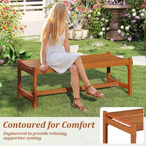 Tangkula Outdoor Wood Bench Backless, Solid Hardwood Patio Dining Bench with Teak Oil Finish & Curved Seat, Farmhouse Wooden Slat Bench for Porch, Garden, Entryway, Poolside, Backyard (1)