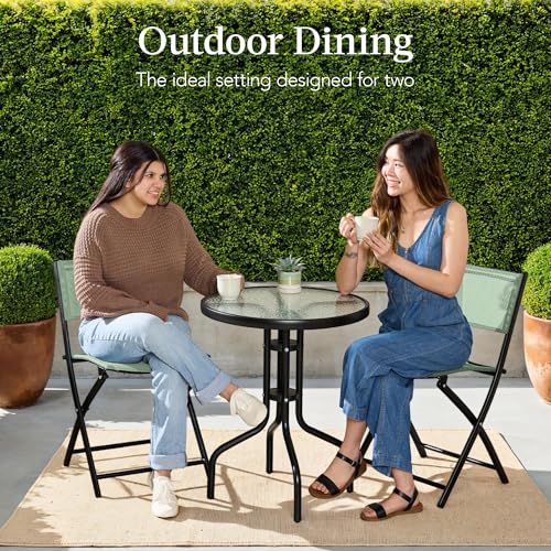 Best Choice Products 3-Piece Patio Bistro Dining Furniture Set w/Textured Glass Tabletop, 2 Steel Folding Chairs, Polyester Fabric - Sage