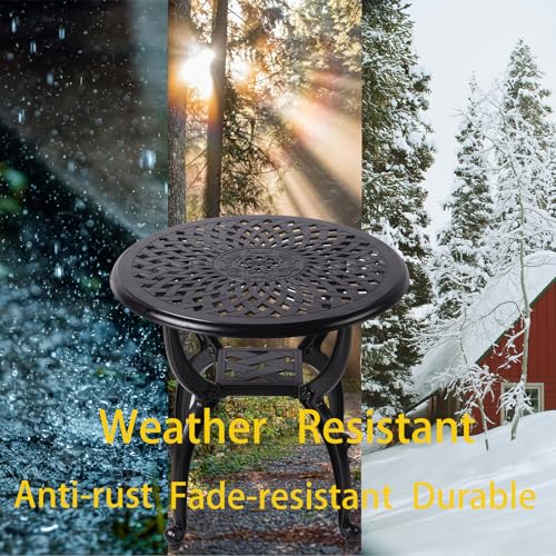 WILOUNGE Cast Aluminum Outdoor Side Table,Small Patio Table,Outdoor Coffee Tables for Patio,Garden,Balcony, for All Weather (Black, Round)