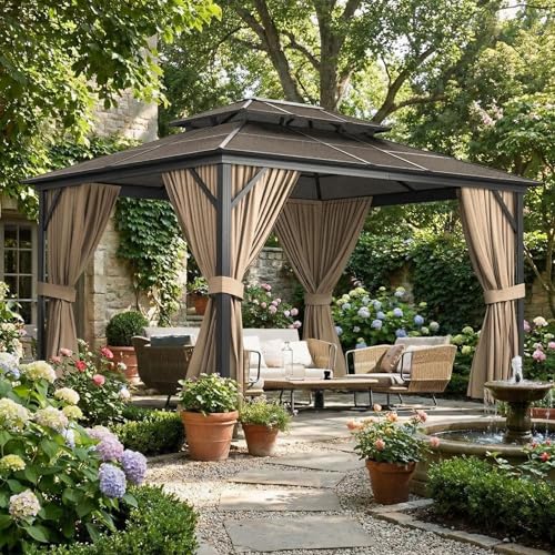 10'X13' Hardtop Gazebo, Galvanized Steel Aluminum Frame with Double Roof, Heavy-Duty Outdoor Patio Gazebo with Curtains & Netting for Backyard, Deck, Porch, Garden, Lawn, Khaki