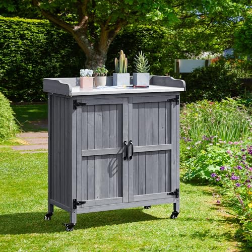Yaheetech Garden Potting Bench Table, Outdoor Garden Horticultural Wooden Storage Cabinet & Solid Wood Planting Work Bench with Large Space Storage & Metal-Plated Tabletop, Gray