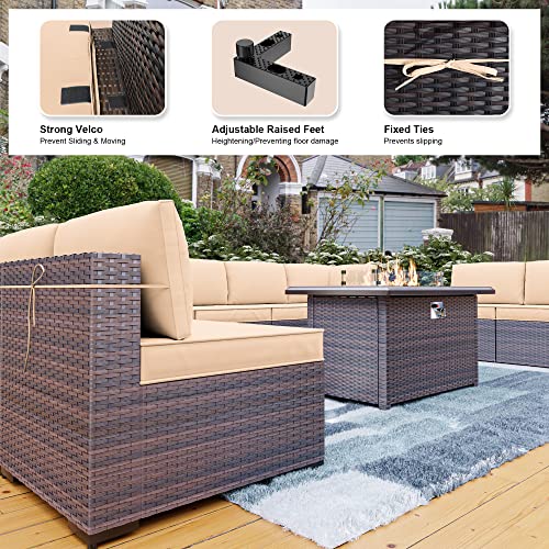 Kullavik 13PCS Outdoor Patio Furniture Set,PE Wicker Rattan Sectional Sofa Patio Conversation Sets with 43" 55000BTU Gas Propane Fire Pit Table,Swivel Rocking Chairs Set,Sand
