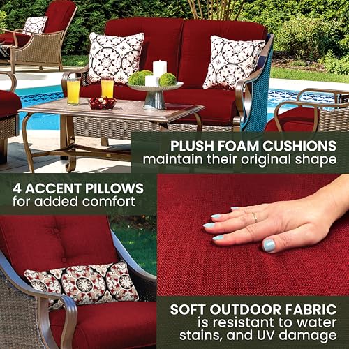 Hanover Ventura Outdoor 4-Piece Conversation Set with Loveseat, 2 Rocking Chairs, Crimson Red Cushions, 4 Pillows and Ceramic Tile Coffee Table, All-Weather 4-Piece Patio Set