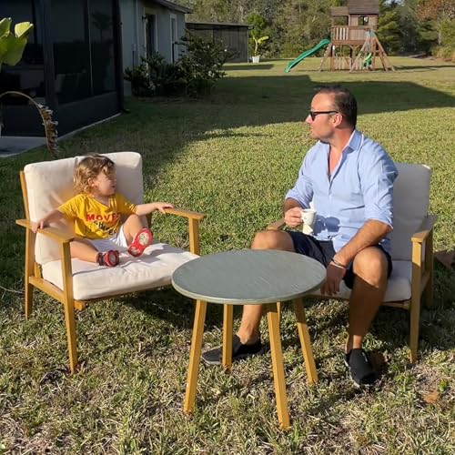 Outsunny Outdoor Bistro Set, 3 Piece Patio Set, Wood Effect Steel Round Table and Chairs with Wide and Deep Seat, Small Conversation Patio Furniture with Cushions for Backyard, Porch, Cream White