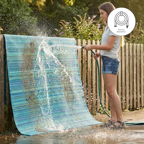 Fab Habitat Outdoor Rug - Waterproof, Fade Resistant, Crease-Free - Premium Recycled Plastic - Striped - Porch, Deck, Balcony, Laundry Room, Patio - Cancun - Turquoise & Moss Green - 3 x 5 ft