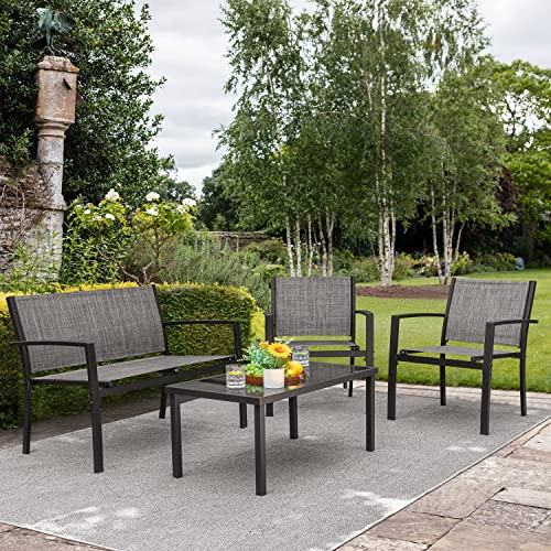 Devoko 4 Pieces Patio Furniture Set Outdoor Garden Patio Conversation Sets Poolside Lawn Chairs with Glass Coffee Table Porch Furniture (Grey)