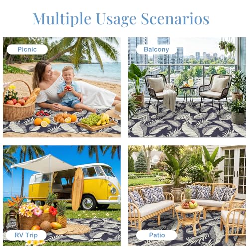 OPPODREAM Reversible Outdoor Rug 5x7, Waterproof Outdoor Plastic Straw Rug for Patio, Tropical Leaf RV Camping Rugs for Outside, Deck, Balcony, Porch, Backyard, Camping, Rv, Navy and Cream White