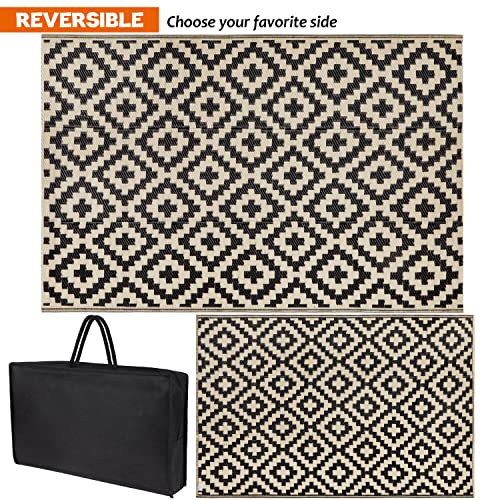 SAND MINE Reversible Mats, Plastic Straw Rug, Modern Area Rug, Large Floor Mat and Rug for Outdoors, RV, Patio, Deck, Beach, Camping (Black & Beige Lattice, 4' x 6', -3% to 5% Size Variance)
