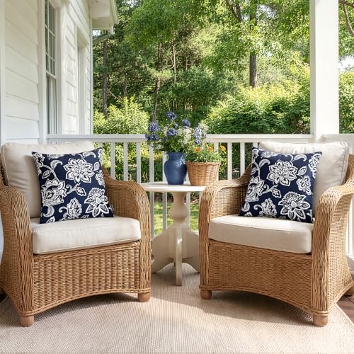 SWANCOCO Decorative Outdoor Floral Pillow Covers Set of 2,Waterproof Boho Farmhouse Throw Pillows Summer Coastal Accent Pillowcases for Patio Furniture Garden Sofa 18x18 Inch, Navy Blue