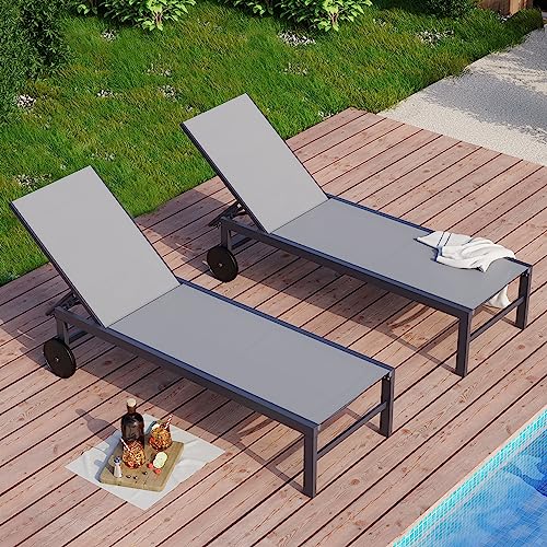 SUNLEI Patio Lounge Chair Outdoor Set of 2, Outdoor Chaise Lounge w/5-Position Adjustable Backrest & All Weather, Pool Lounge Chairs for Pool Beach Deck (Light Grey, 2 Pieces)