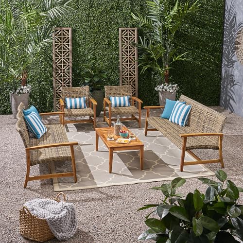 Christopher Knight Home Hamptom Outdoor 5 Piece Acacia Wood and Wicker Sofa Conversation Set, Gray