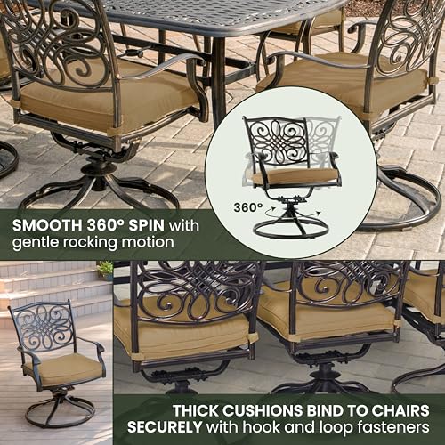 Hanover Traditions 7-Piece Patio Dining Set with 6 Swivel Rocker Chairs, Tan Cushions and Large 38"x72" Dining Table, Outdoor Dining Set for 6, Premium Weather Resistant Patio Furniture