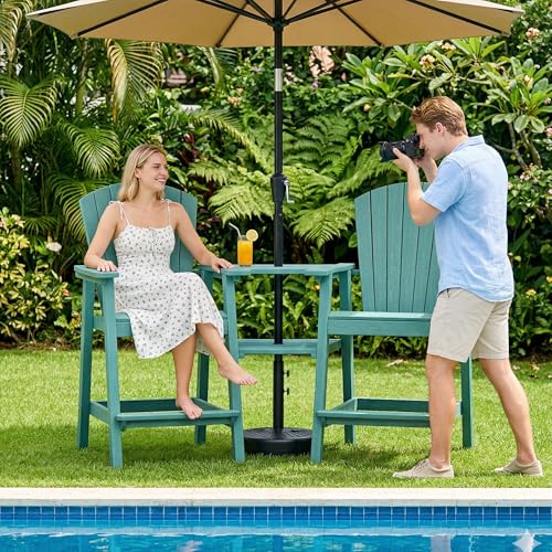PLUUV Tall Adirondack Chairs Set of 2 with Double Connecting Trays, All Weather HDPE Bar Height Outdoor Chairs, Outdoor Adirondack Barstools with Umbrella Hole for Balcony, Patio, Backyard, Aruba