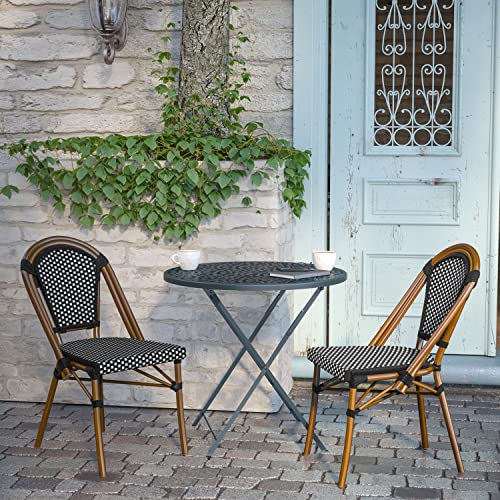 Flash Furniture Bordeaux Set of 2 Indoor/Outdoor Commercial Bistro Stack Chairs - Black/White PE Rattan Back and Seat - Natural Bamboo Print Aluminum Frame