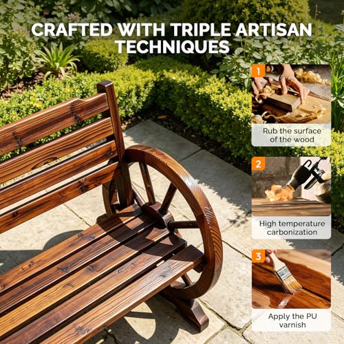 VINGLI Rustic Wooden Wheel Bench Outdoor Bench, Patio Bench Wagon Slatted Seat, Garden Benches for Outdoors 350lbs High Capacity, Weather Resistance (Rustic, 55in)
