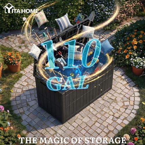 YITAHOME 110 Gallon Outdoor Deck Box, Waterproof Resin Storage Box with Lock, Lockable Patio Furniture Bin, 2-Person Bench Seating for Outdoor Cushions, Garden Tools & Sports/Pool Supplies, Black
