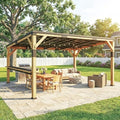 Outsunny 10' x 14' Wooden Gazebo with Galvanized Steel Sloped Roof, Hardtop Lean-to Gazebo Pergola with Bar Shelf, Large Heavy Duty Awning for Patio, Deck, Backyard, Natural Wood