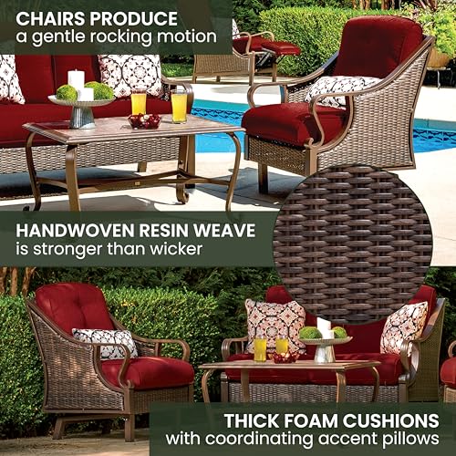 Hanover Ventura Outdoor 4-Piece Conversation Set with Loveseat, 2 Rocking Chairs, Crimson Red Cushions, 4 Pillows and Ceramic Tile Coffee Table, All-Weather 4-Piece Patio Set