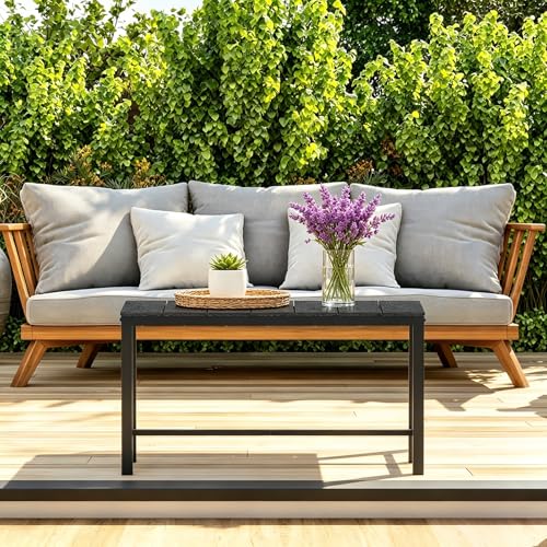 mapleway 33" Outdoor Coffee Table for Patio, Heavy Duty Metal Frame with Wood Slat Top, Weather Resistant Outside Table for Garden Deck Balcony Porch, Easy Assembly, Black