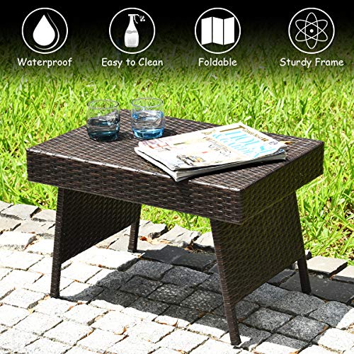 Tangkula Outdoor Folding Wicker Table, Heavy Duty Rattan Foldable Standing Coffee Side Table, for Patio Poolside Lawn Garden Balcony