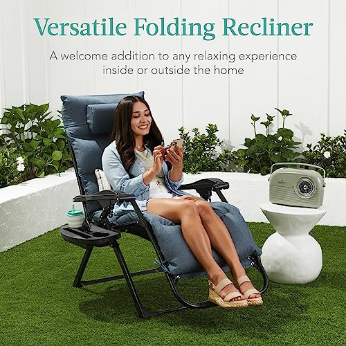 Best Choice Products Oversized Zero Gravity Chair, Folding Outdoor Patio Recliner, XL Anti Gravity Lounger w/Removable Cushion, Cup Holder, Side Tray, 350lb Capacity - Graphite Blue