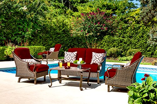 Hanover Ventura Outdoor 4-Piece Conversation Set with Loveseat, 2 Rocking Chairs, Crimson Red Cushions, 4 Pillows and Ceramic Tile Coffee Table, All-Weather 4-Piece Patio Set