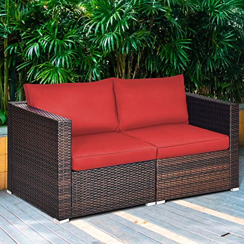 Tangkula 2 Seat Outdoor Wicker Loveseat Sofa Set, Modular PE Rattan 2 Pieces Outdoor Wicker Corner Sofa, Outside Furniture Set for Deck, Backyard, Porch, Garden & Poolside, Red