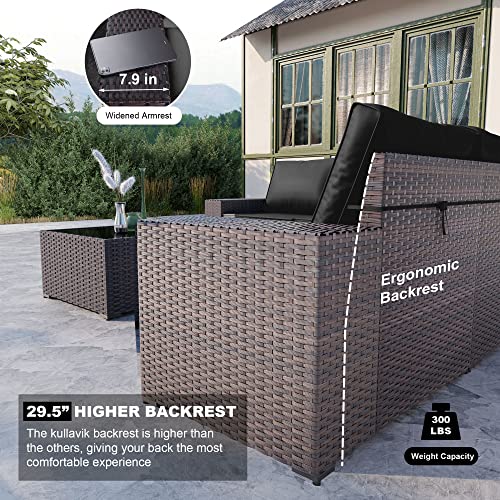 Kullavik Outdoor Patio Furniture Set 6 Pieces Sectional Rattan Sofa Set Brown PE Rattan Wicker Patio Conversation Set with 5 Seat Cushions and 1 Tempered Glass Table,Black