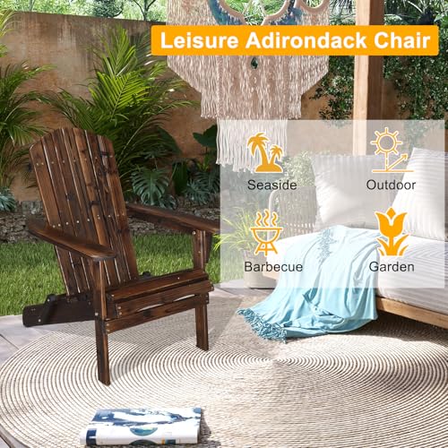 Outvita Folding Adirondack Chair Set of 2, 350LBS Solid Wood Garden Chair Weather Resistant, Outdoor Wooden Accent Furniture Fire Pit Lounge Chairs for Garden, Yard, Patio, Lawn, Carbonized