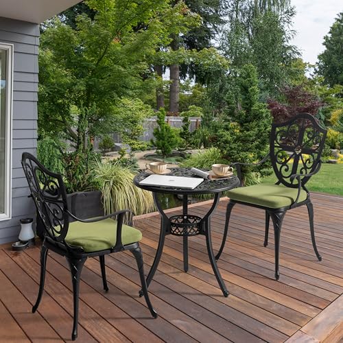 NUU GARDEN Outdoor 3-Piece Bistro Set with Cushions, Round 24 Inch Cast Aluminum Bistro Table with 2.17" Umbrella Hole, 2 Cast Aluminum Bistro Chairs, for Patio, Garden, Backyard and Balcony, Black