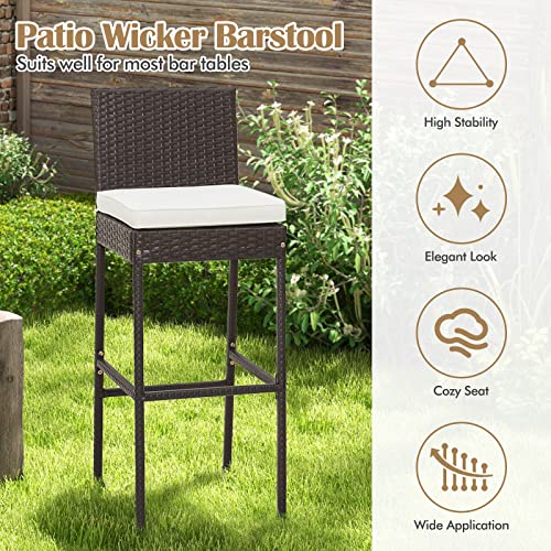 COSTWAY Outdoor Wicker Bar Stools Set of 4, 30'' Patio Bar Height Chairs with Cushion, Footrest and Backrest, Rattan Barstools for Backyard Poolside Deck (Brown)