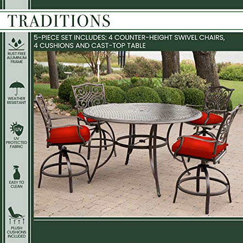 Hanover Traditions 5-Piece Outdoor Dining Set in Red with Four Swivel Chairs and a 56 In. Cast-top Table, Patio Dining Set for 4 for Backyard, Deck, Porch, Patio