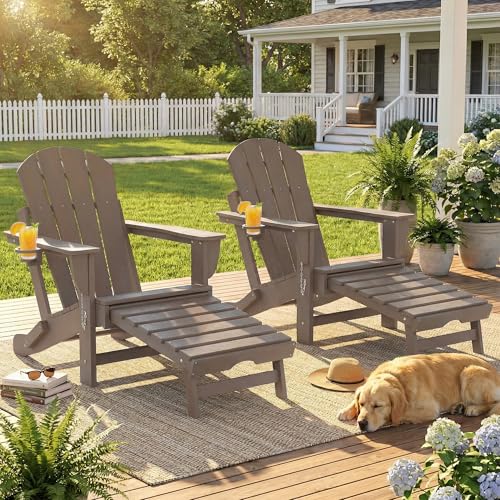 Outsunny Folding Adirondack Chair Set of 2, Outdoor HDPE Fire Pit Chair with Retractable Ottoman, Cup Holder and Large Seat for Deck, Garden, Backyard, Brown