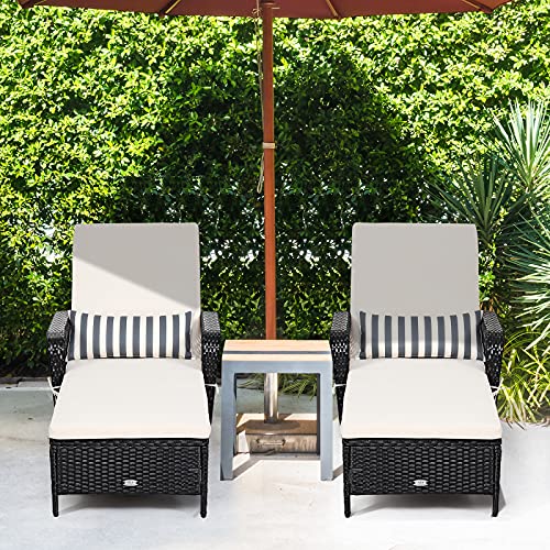 Tangkula Wicker Chaise Lounge Outdoor, Patio Rattan Reclining Chaise with 6-Gear Adjustable Backrest, Thick Padded Cushion & Removable Lumbar Pillow, Pool Lounge Chairs for Outside Balcony Backyard