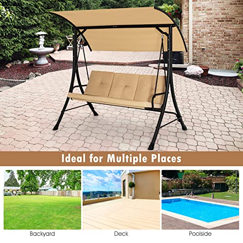 Tangkula 3 Person Porch Swing, Outdoor Swing with Removable Cushions, Solid Steel Structure, Patio Swing with Adjustable Canopy for Garden, Backyard, Balcony, Poolside Beige