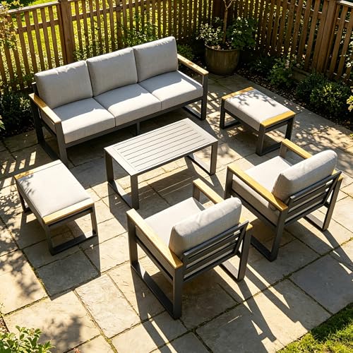 IDEALHOUSE Aluminum Patio Furniture Set, 7 Seats Outdoor Patio Conversation Sets with Coffee Table, 6 Pieces Metal Conversation Sectional Furniture Sofa for Balcony, Garden, Deck, Backyard,Gray