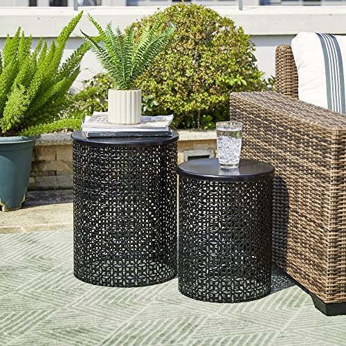 Glitzhome Outdoor Side Table Set of 2, Decorative Garden Stool for Patio Heavy Duty Metal Frame Accent Table Modern End Table, Glossy Black