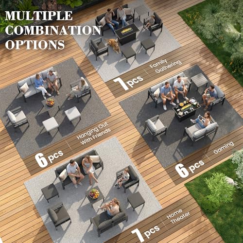 UDPATIO Aluminum Outdoor Furniture Set with 2 Ottomans and Fire Pit Table, 7 Pieces All-Weather & UV-Resistant Patio Sectional Sofa Set for Deck, Backyard, Poolside, Dark Gray