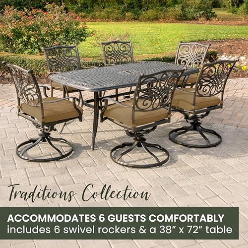 Hanover Traditions 7-Piece Patio Dining Set with 6 Swivel Rocker Chairs, Tan Cushions and Large 38"x72" Dining Table, Outdoor Dining Set for 6, Premium Weather Resistant Patio Furniture