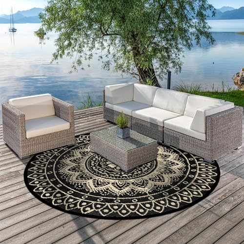 Round Outdoor Rugs for Patios, 6Ft Waterproof Reversible Plastic Straw Mat with Carry Bags, Boho Lightweight Outdoor Carpet Portable Round Floor Mat for Patio Camping Picnic Backyard RV,Black Camel