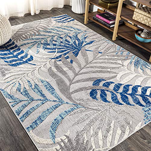 JONATHAN Y Tropics Palm Leaves Indoor Outdoor Area Rug 8X10 Gray/Blue, Boho for Backyard, Patio, Porch, Easy-Cleaning, High Traffic, Pet-Friendly, Non-Shedding (AMC100A-8)