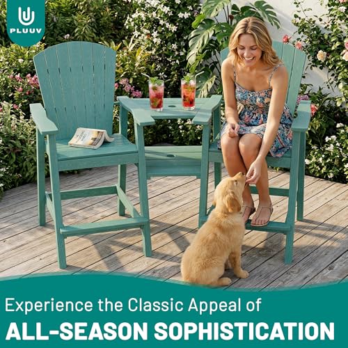 PLUUV Tall Adirondack Chairs Set of 2 with Double Connecting Trays, All Weather HDPE Bar Height Outdoor Chairs, Outdoor Adirondack Barstools with Umbrella Hole for Balcony, Patio, Backyard, Aruba
