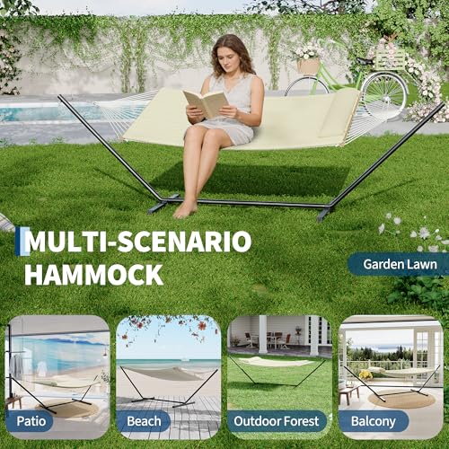 Garvee 2 Person Portable Double Hammock for Outdoor with Pillow, Heavy Duty Portable Hammock with Adjustable Steel Stand for Patio, Garden, Beach, Backyard