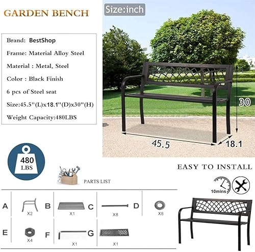 BestShop Patio Bench - Outdoor Metal Garden Bench with Armrests, 480lbs, Cast Iron, Sturdy Steel Frame, Black